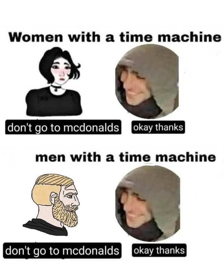 This meme is a humorous comparison between women and men with time-traveling abilities. The image depicts a woman and a man with the same phrase "I don't have time for this" but with different reactions. The text reads: "Women with a time machine: I don't have time for this. I'm going back to the 90s and I don't have time for this. Men with a time machine: I don't have time for this. I'm going back to the 90s... I'm going to get some chicken nuggets."